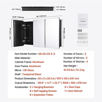VEVOR Medicine Cabinet, 25.5 x 40 in, Aluminum Frame Bathroom Wall Cabinet