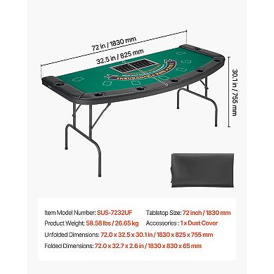 VEVOR Foldable Poker Table, 7 Player 72 in Folding Leisure Table with Padded Rails & Cup Holders