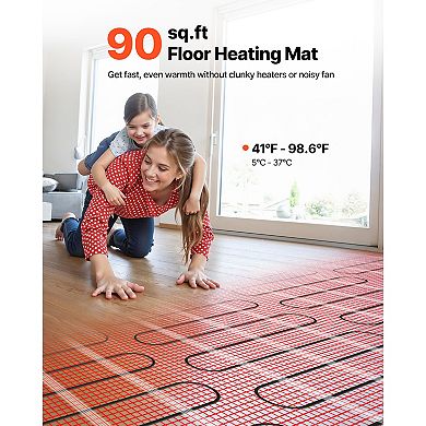 VEVOR 90 sqft Self-Adhesive Mesh Floor Heating Mat System, 120V Electric Radiant, with Alarm