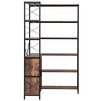 VEVOR 6 tier Corner Bookshelf, 70" Tall with Storage Cabinet, 2 Barn Doors & 10 Storage Shelves