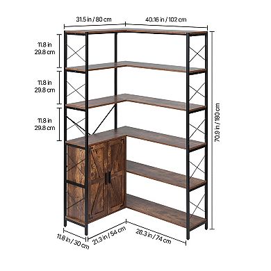 VEVOR 6 Tier Corner Bookshelf, 70" Tall with Storage Cabinet, 2 Barn Doors & 10 Storage Shelves