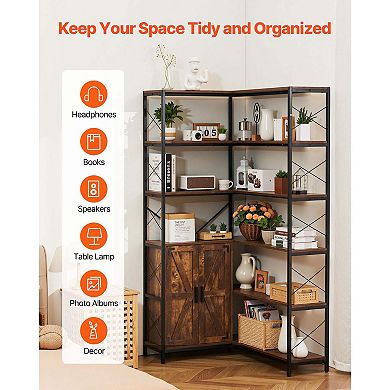 VEVOR 6 Tier Corner Bookshelf, 70" Tall with Storage Cabinet, 2 Barn Doors & 10 Storage Shelves