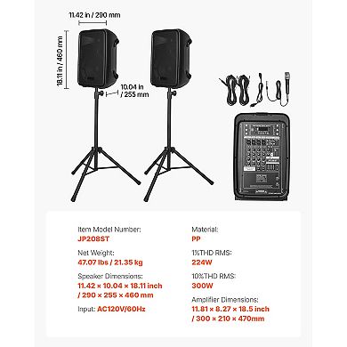 VEVOR Portable PA System, 300W Powered, Sound System Set with 8 Channel Mixer, Dual Speakers