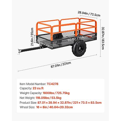 VEVOR Garden Utility Trailer, 22 Cu. Ft. & 1600lbs, ATV UTV Trailer, Tow Behind Steel Dump Trailers