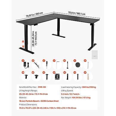VEVOR L Shaped Desk, Electric Adjustable Height Corner Gaming Desk with Dual Hooks,Carbon Steel