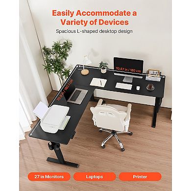 VEVOR L Shaped Desk, Electric Adjustable Height Corner Gaming Desk with Dual Hooks,Carbon Steel