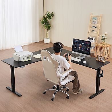 VEVOR L Shaped Desk, Electric Adjustable Height Corner Gaming Desk with Dual Hooks,Carbon Steel