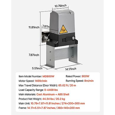VEVOR Automatic Gate Opener, 900W Electric Sliding Gate Opener for Doors up to 65.6ft 4409lbs