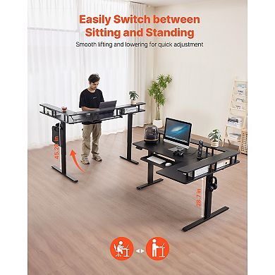 VEVOR L Shaped Desk, Electric Adjustable Height Corner Gaming Desk with Keyboard Tray and Dual Hooks