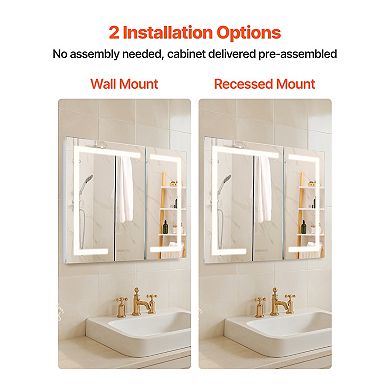VEVOR Lighted Medicine Cabinet with Mirror, 36 x 30 in Recessed or Wall Mount