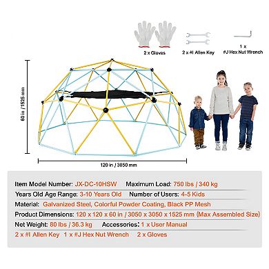 VEVOR Climbing Dome, for Kids 3 to 10 Years Old,10FT Geometric Dome Climber with Hammock and Swing