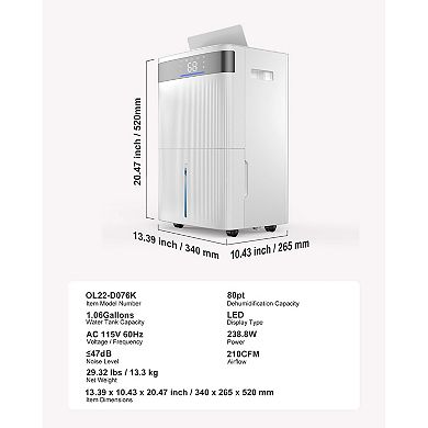 VEVOR 80 Pints Dehumidifier for Home & Basement, Drain Hose for Commercial & Industrial Use