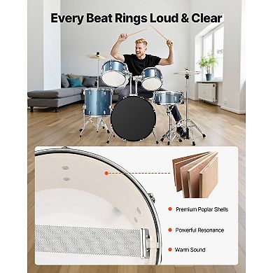 VEVOR Drum Set, 5-Piece 22 in Junior Drum Sets with Adjustable Throne, Cymbal, and Drumsticks