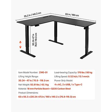 VEVOR L Shaped Desk, Electric Adjustable Height Corner Gaming Desk with Dual Hooks and Wheels
