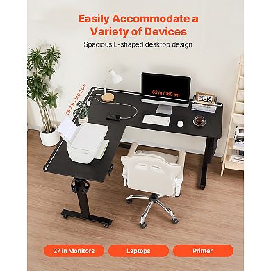 VEVOR L Shaped Desk, Electric Adjustable Height Corner Gaming Desk with Dual Hooks and Wheels