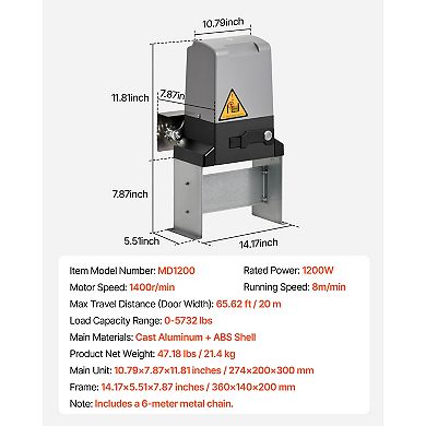VEVOR Automatic Gate Opener, 1200W Electric Sliding Gate Opener for Doors up to 65.6ft 5732lbs