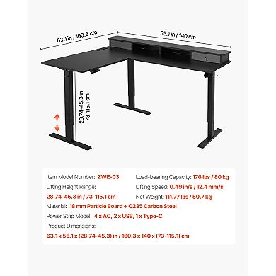 VEVOR L Shaped Desk, Electric Adjustable Height Corner Gaming Desk with CPU Stand,Dual Hooks