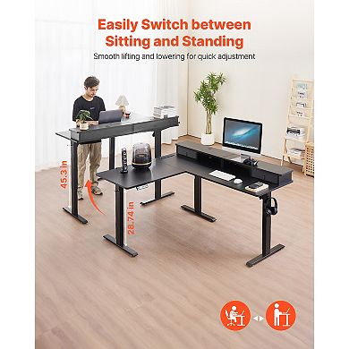 VEVOR L Shaped Desk, Electric Adjustable Height Corner Gaming Desk with CPU Stand,Dual Hooks