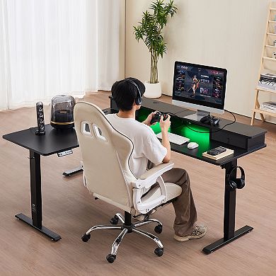 VEVOR L Shaped Desk, Electric Adjustable Height Corner Gaming Desk with CPU Stand,Dual Hooks