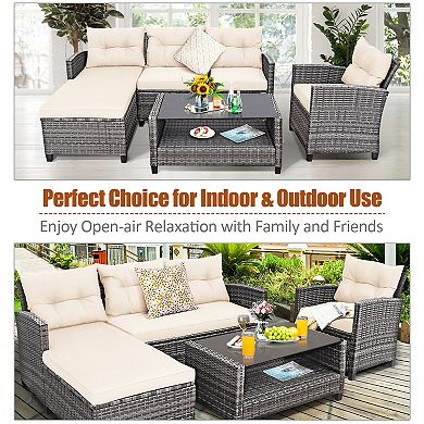 Costway 4 PCS Patio Rattan Furniture Set Sofa Ottoman Cushion Garden Deck