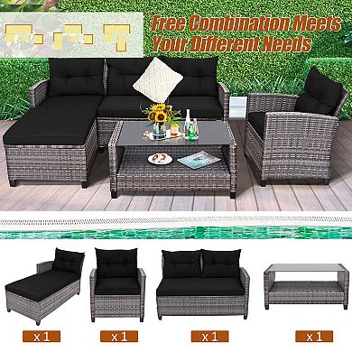 Costway 4 PCS Patio Rattan Furniture Set Sofa Ottoman Cushion Garden Deck