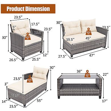Costway 4 PCS Patio Rattan Furniture Set Sofa Ottoman Cushion Garden Deck