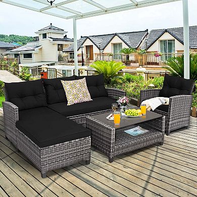 Costway 4 PCS Patio Rattan Furniture Set Sofa Ottoman Cushion Garden Deck