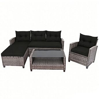 Costway 4 pc Patio Rattan Furniture Set Sofa Ottoman Cushion Garden Deck