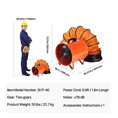 VEVOR 16 inch Portable Ventilator, 2 Speed 5175CFM with 16.4ft Flexible Duct Hose, Orange