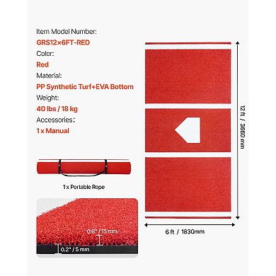 VEVOR Baseball Hitting Mat,12x6 ft Batting Cage Mat,Batters Box Turf Mats,Softball Batting Equipment