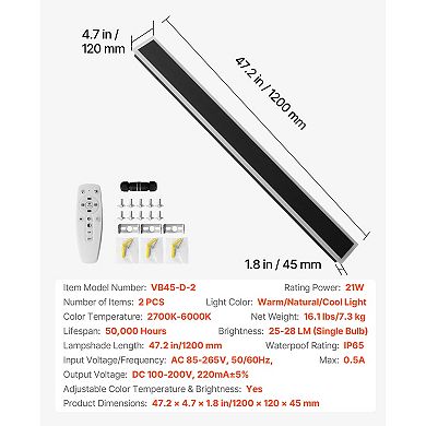 VEVOR Outdoor Wall Lights, 2 Pack, 47.2 In Long Modern, 2700K-6000K, IP65 Waterproof Anti-Rust