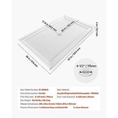 VEVOR Shower Pan, 60″ L x 36″ W Single Threshold Shower Base, Rectangle Acrylic & PVC Base in White