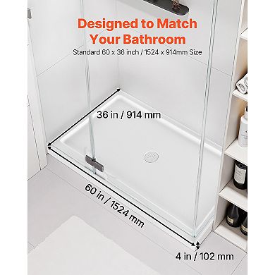 VEVOR Shower Pan, 60″ L x 36″ W Single Threshold Shower Base, Rectangle Acrylic & PVC Base in White