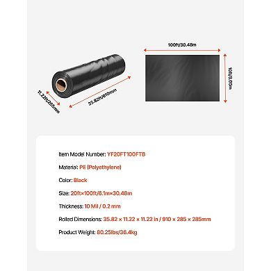 VEVOR 10 Mil Plastic Sheeting Heavy Duty 20' x 100', Thick Plastic Sheeting Roll, Black