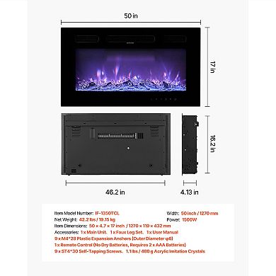 VEVOR 50 inch Electric Fireplace, Wall Mounted Recessed Fire Place with Remote Control, Timer,1500W