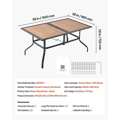 VEVOR Outdoor Patio Dining Table, 59 in Long Rectangular Wood-Like Steel Slat Bistro Tables for 4-6