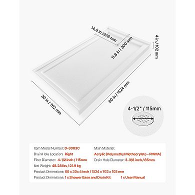 VEVOR Shower Pan, 60″ L x 30″ W Single Threshold Shower Base, Rectangle Acrylic & PVC Base in White