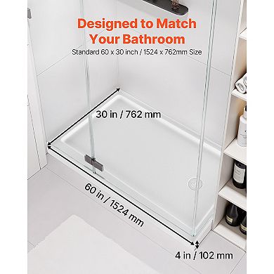 VEVOR Shower Pan, 60″ L x 30″ W Single Threshold Shower Base, Rectangle Acrylic & PVC Base in White