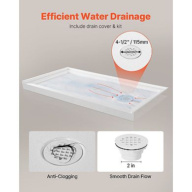 VEVOR Shower Pan, 60″ L x 30″ W Single Threshold Shower Base, Rectangle Acrylic & PVC Base in White