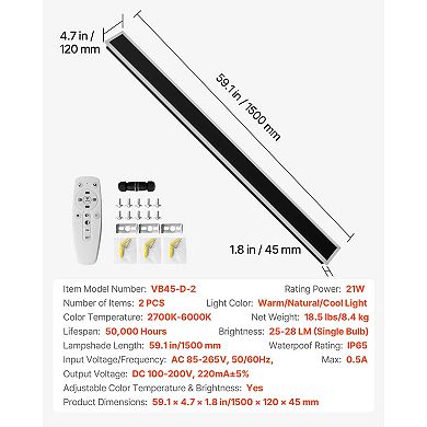 VEVOR Outdoor Wall Lights, 2 Pack, 59.1 Inch Long Modern Exterior Wall Sconce Light Fixtures