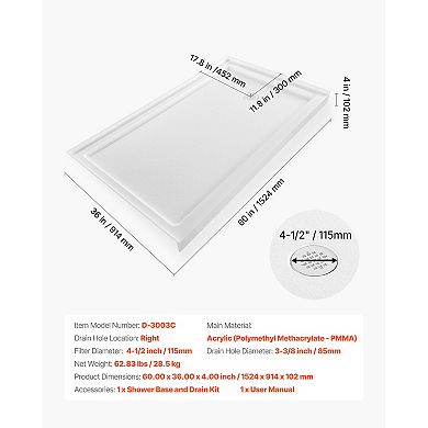 VEVOR Shower Pan, 60″ L x 36″ W Single Threshold Shower Base, Rectangle Acrylic & PVC Base in White