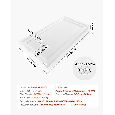 VEVOR Shower Pan, 60″ L x 32″ W Single Threshold Shower Base, Rectangle Acrylic & PVC Base in White