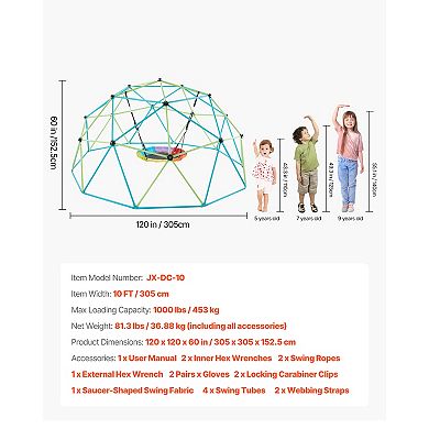 VEVOR Climbing Dome, 10FT Geometric Dome Climber with Saucer Swing,1000LBS,for 3 to 10 Years Old