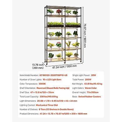 VEVOR Plant Shelf with Grow Light, 6-Tier Double-Row Plant Stand, 71in Tall with Wheels & Timer