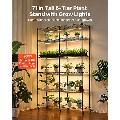 VEVOR Plant Shelf with Grow Light, 6-Tier Double-Row Plant Stand, 71in Tall with Wheels & Timer