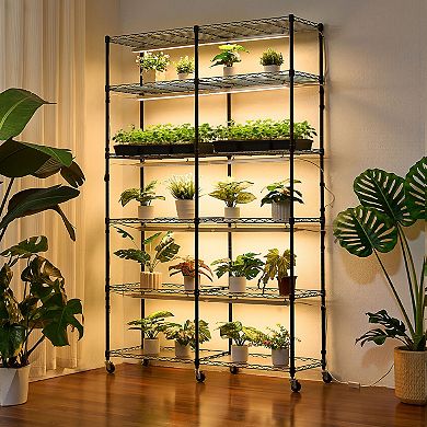 VEVOR Plant Shelf with Grow Light, 6-Tier Double-Row Plant Stand, 71in Tall with Wheels & Timer