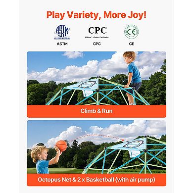 VEVOR Climbing Dome, 10FT Geometric Dome Climber for Kids, 1000LBS with Octopus Net & 2 Basketballs