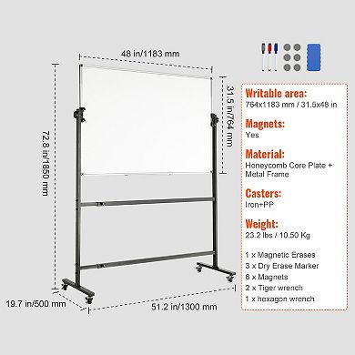 VEVOR Rolling Whiteboard, 48x32 inch Double-Sided Magnetic Mobile Whiteboard, 360° Reversible