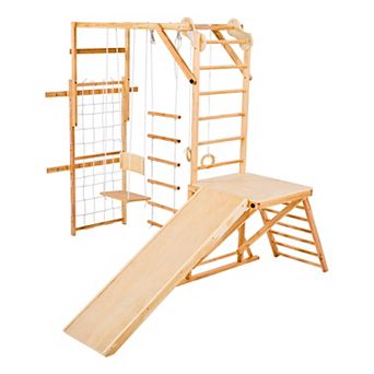 VEVOR Indoor Playground Jungle Gym, 8-in-1 Wooden Indoor Playground for Kids, 220LBS with Slide