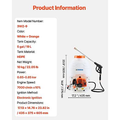 VEVOR Gas Powered Backpack Sprayer, 26.5CC 0.9HP Engine, Garden Sprayer with 5 Gallon Tank